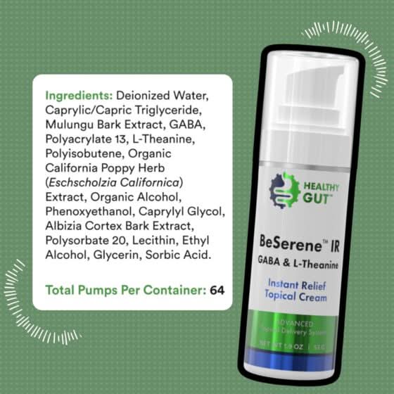 Front of BeSerene IR pump bottle showing label GABA and L-Theanine and Healthy Gut logo on white background