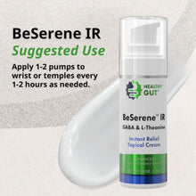 Front of BeSerene IR cream pump with overlay 'Suggested Use: Apply 1-2 pumps to wrists or temples' and cream swash on light background