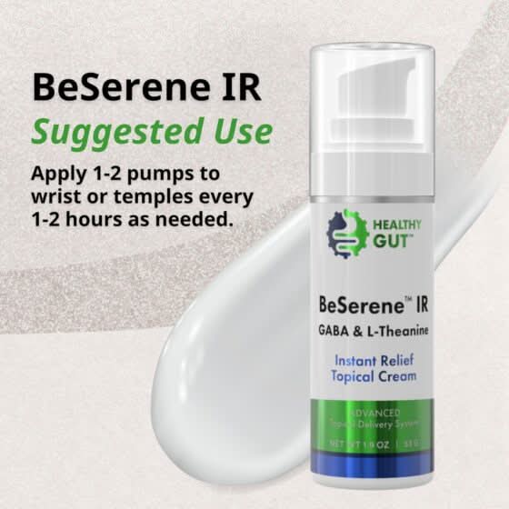 Front of BeSerene IR cream pump with overlay 'Suggested Use: Apply 1-2 pumps to wrists or temples' and cream swash on light background