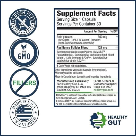 Supplement facts panel: serving size 1 capsule; beta glucans 350 mg; Resilience Builder Blend 121 mg; labels: gluten free, non GMO, no fillers, made in USA