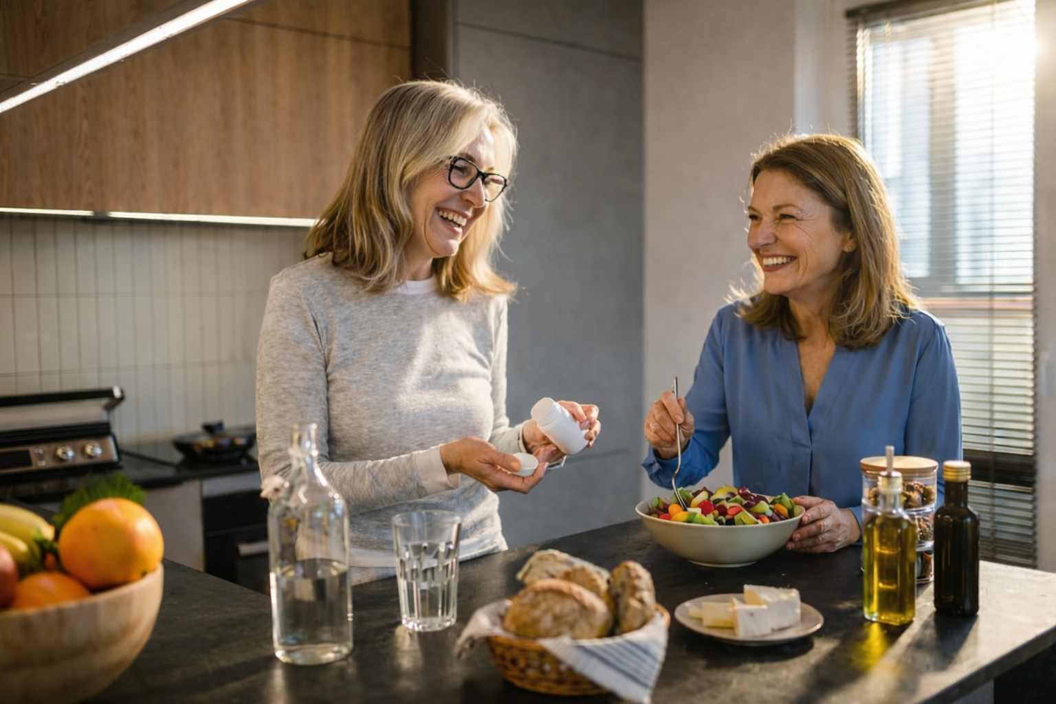 Two smiling middle-aged women in a kitchen; one opens a white pill bottle, the other holds a fork over a bowl of fruit salad.