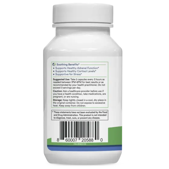 Back label of BeSerene daily supplement bottle with text 'Soothing Benefits' and barcode 8 60007 20588 0