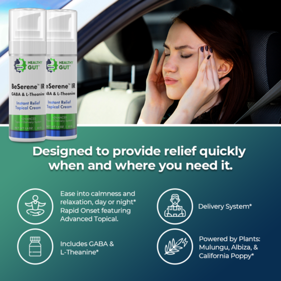 Banner with headline 'Designed to provide relief quickly when and where you need it' and BeSerene IR bottles