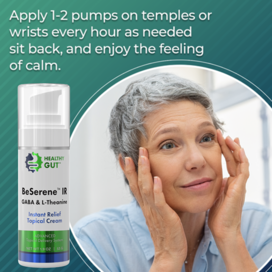 Woman applying BeSerene IR pump to temples, bottle left, overlaid text 'Apply 1-2 pumps on temples or wrists as needed'