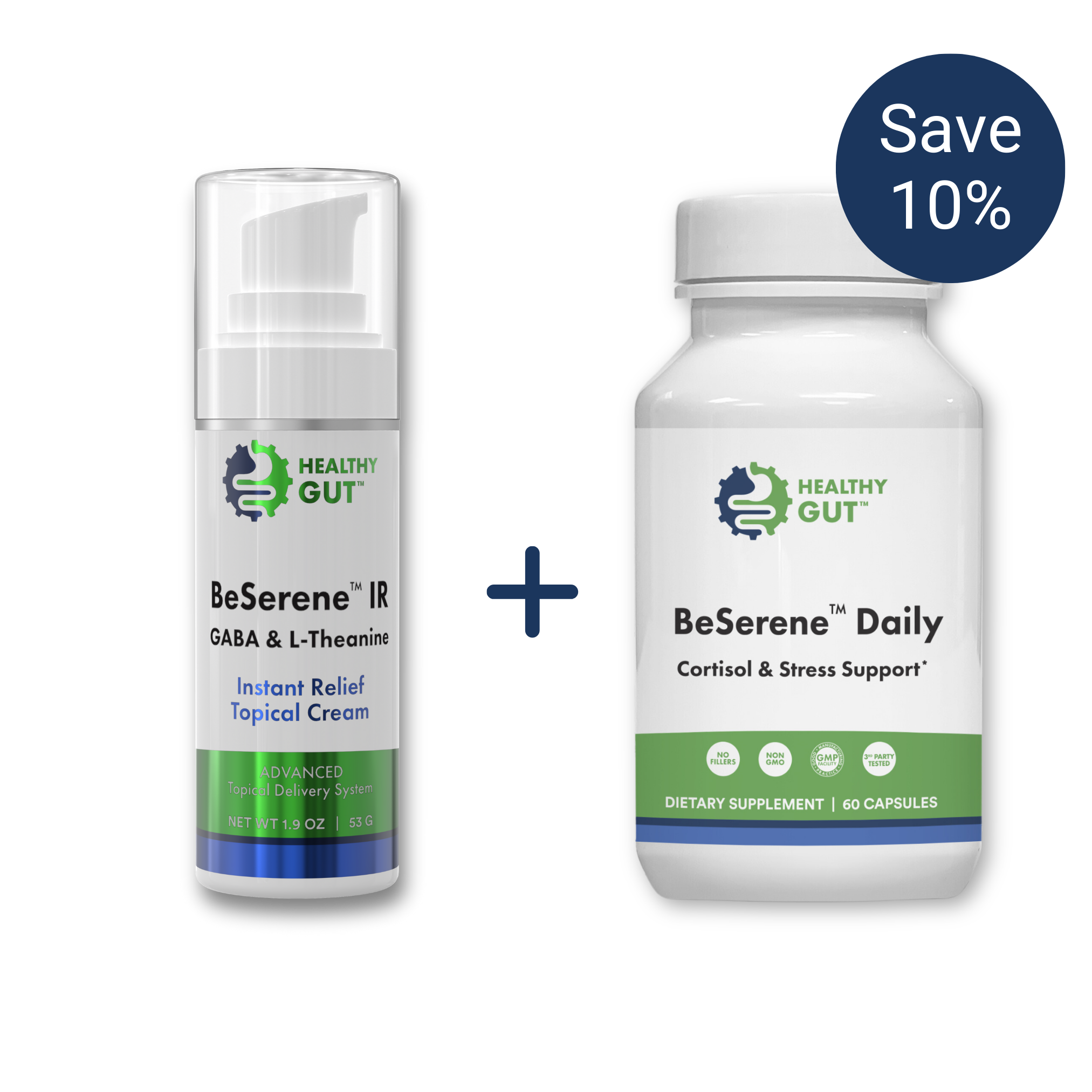 Healthy Gut BeSerene IR (GABA & L-Theanine) Instant Relief Topical Cream; BeSerene Daily (Cortisol & Stress Support) Save 10%