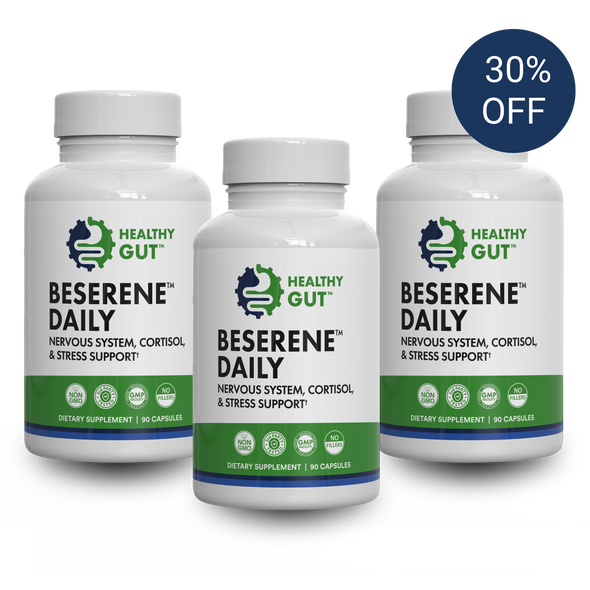 Front view of BeSerene Daily 3-month supply bottles showing label and 30 percent off badge on white background