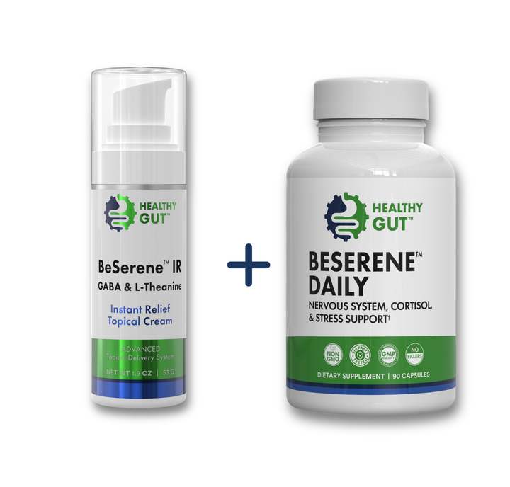 Front view of BeSerene Daily bottle and BeSerene IR pump showcasing product labels and Healthy Gut logo on white background