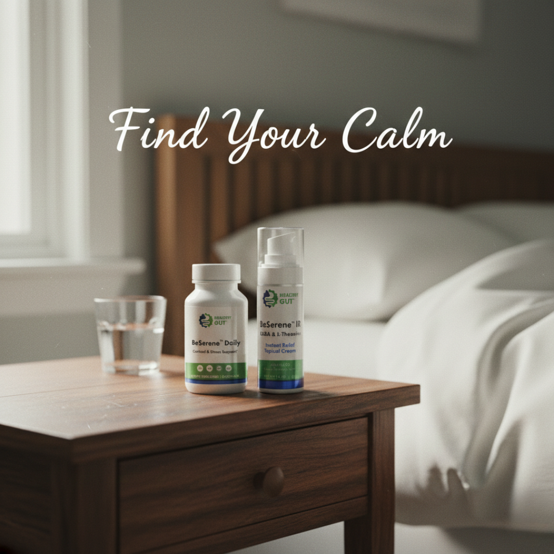 BeSerene Daily bottle and BeSerene Instant Relief pump on a nightstand by a bed, overlay text Find Your Calm