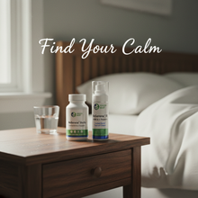BeSerene Daily bottle and BeSerene Instant Relief pump on a nightstand by a bed, overlay text Find Your Calm