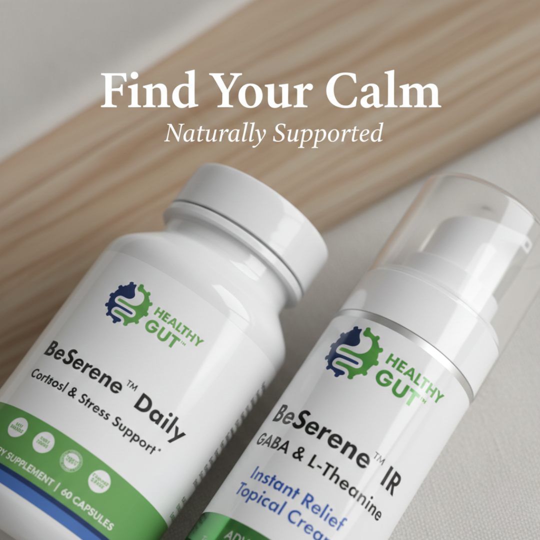 Angled view of BeSerene bundle showing BeSerene Daily capsule bottle and BeSerene IR Instant Relief pump on light wood background