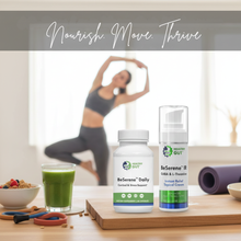 Front view of BeSerene Daily and BeSerene IR bottles showing labels and pump, on table with blurred yoga pose in background