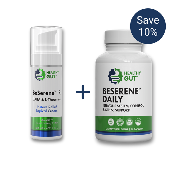 Front view of BeSerene IR cream pump and BeSerene Daily bottle with plus sign and Save 10 percent badge on white background