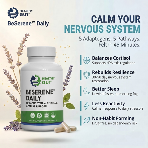 Promotional infographic showing BeSerene Daily bottle and headline ‘Calm Your Nervous System’ with key benefits