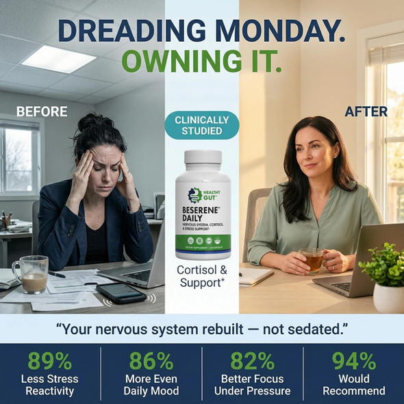 Ad banner ‘Dreading Monday. Owning It’ with Before (stressed woman), After (relaxed woman), central BeSerene Daily bottle