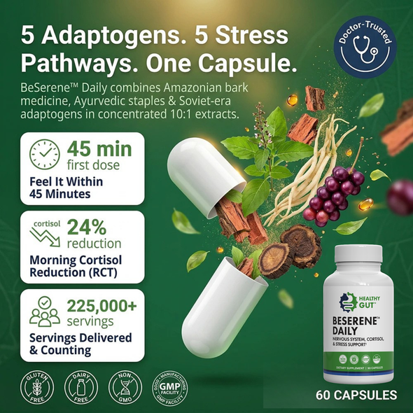 Infographic showing ‘5 Adaptogens. 5 Stress Pathways. One Capsule’, a capsule spilling herbs and a BeSerene Daily bottle