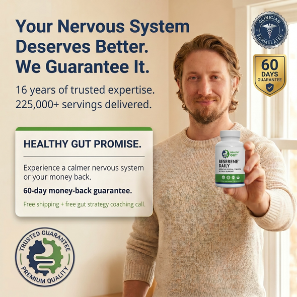 Man holding BeSerene Daily bottle with headline Your Nervous System Deserves Better, We Guarantee It