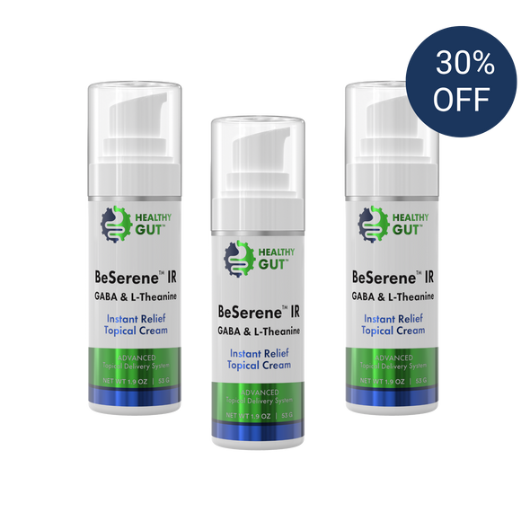 Front view of three BeSerene Instant Relief pump bottles showing Healthy Gut logo, Instant Relief Topical Cream label and 30% OFF badge on white background