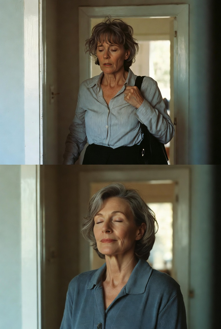 Two stacked photos of a middle-aged woman: top tense and frowning, bottom calm with eyes closed, standing in a doorway