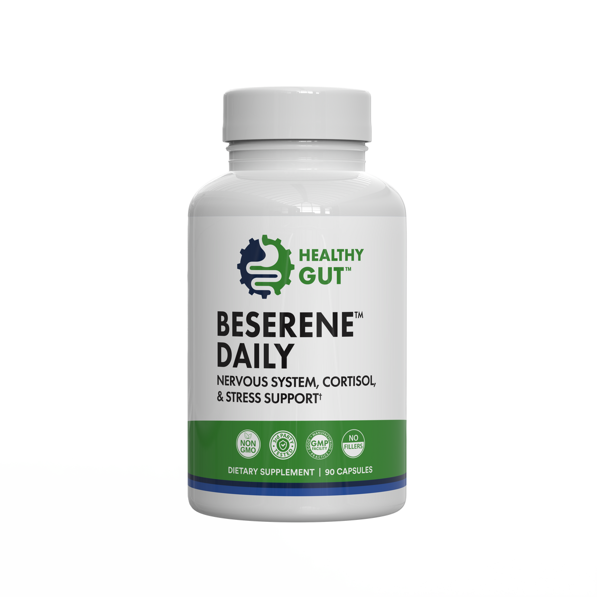 Front view of BeSerene Daily bottle showing label reading “BeSerene Daily — nervous system, cortisol and stress support” on white background