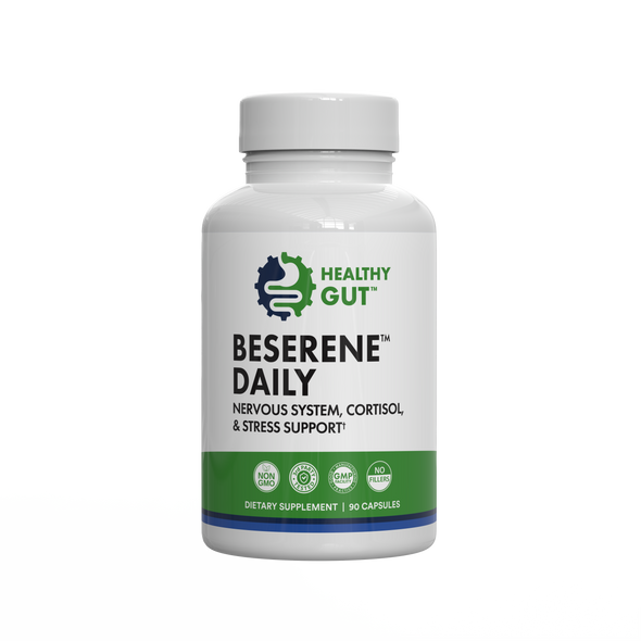 Front view of BeSerene Daily bottle showing label reading “BeSerene Daily — nervous system, cortisol and stress support” on white background