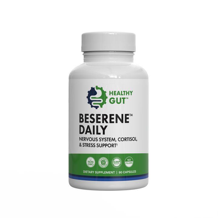 Front view of BeSerene Daily bottle showing label reading “BeSerene Daily — nervous system, cortisol and stress support” on white background