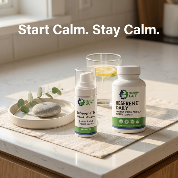 Front of BeSerene Daily and BeSerene IR bottles showing labels on a sunlit counter with overlay ‘Start Calm. Stay Calm’