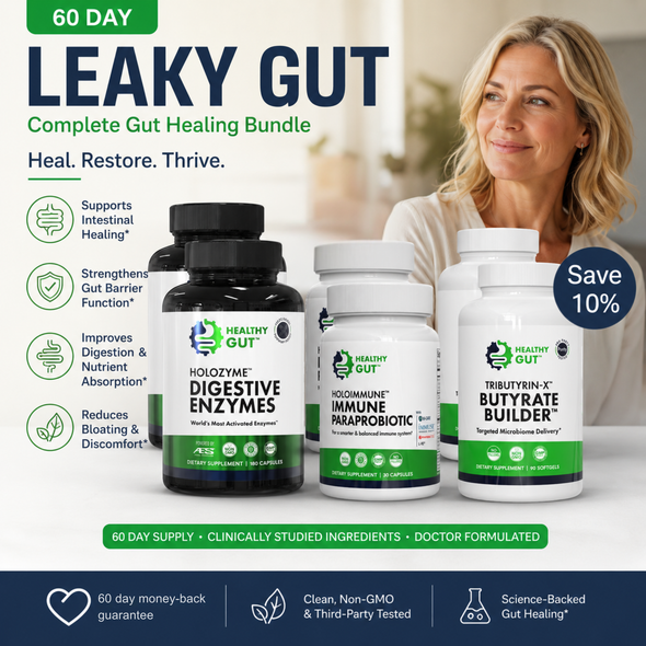 Front view of 60-day Leaky Gut bundle with HoloZyme, HoloImmune, and Tributyrin-X bottles, Save 10 percent badge, smiling woman