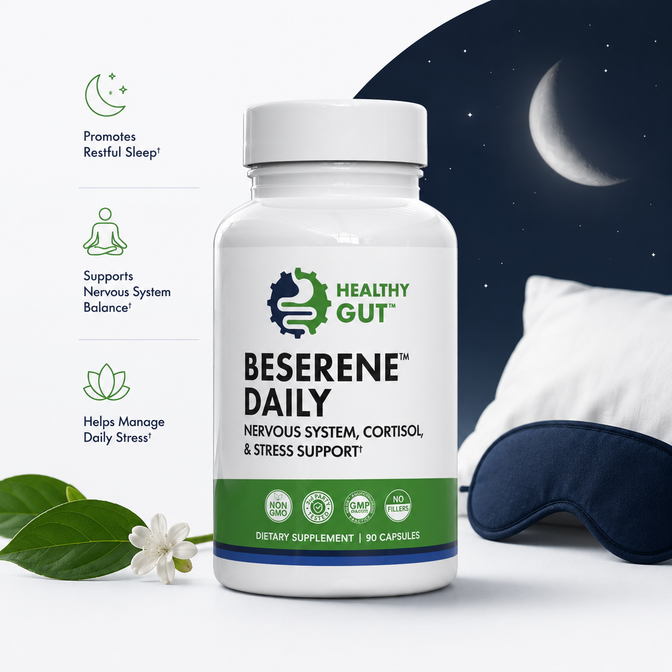 Front view of BeSerene Daily bottle showing label Nervous system, cortisol and stress support with moon and sleep mask in the background