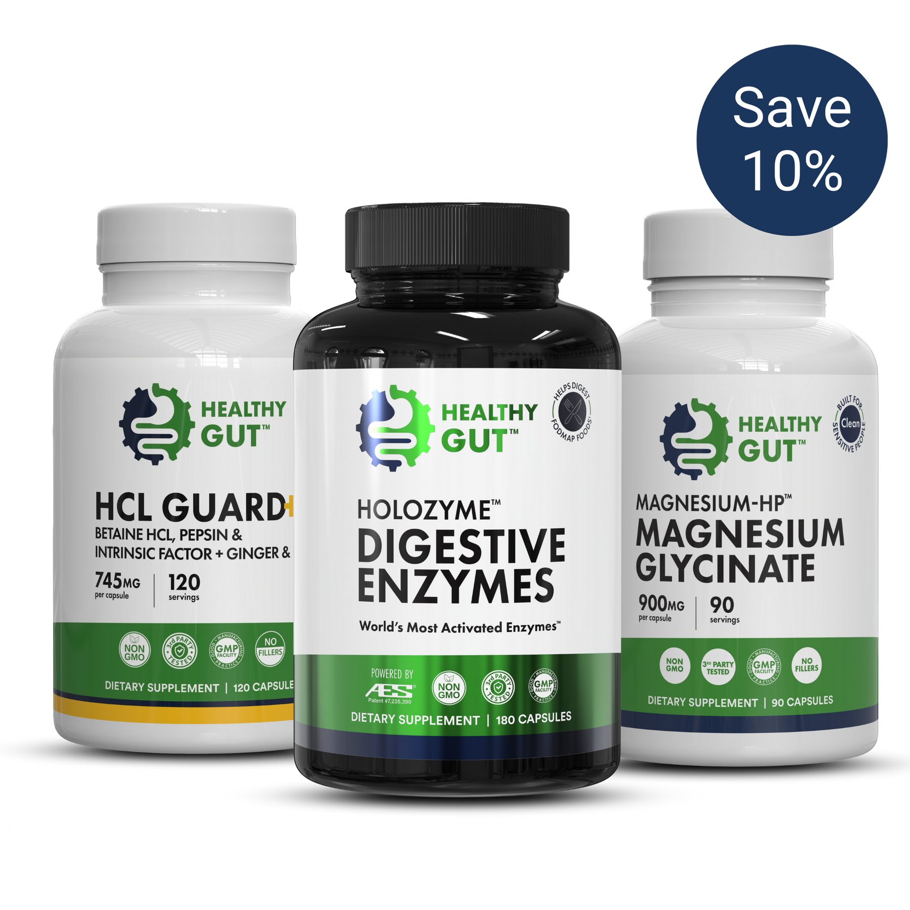 Three Healthy Gut supplement bottles: HCL Guard+, Holozyme Digestive Enzymes, Magnesium Glycinate; badge 'Save 10%'.