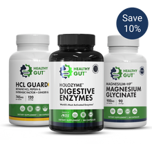 Three Healthy Gut supplement bottles: HCL Guard+, Holozyme Digestive Enzymes, Magnesium Glycinate; badge 'Save 10%'.