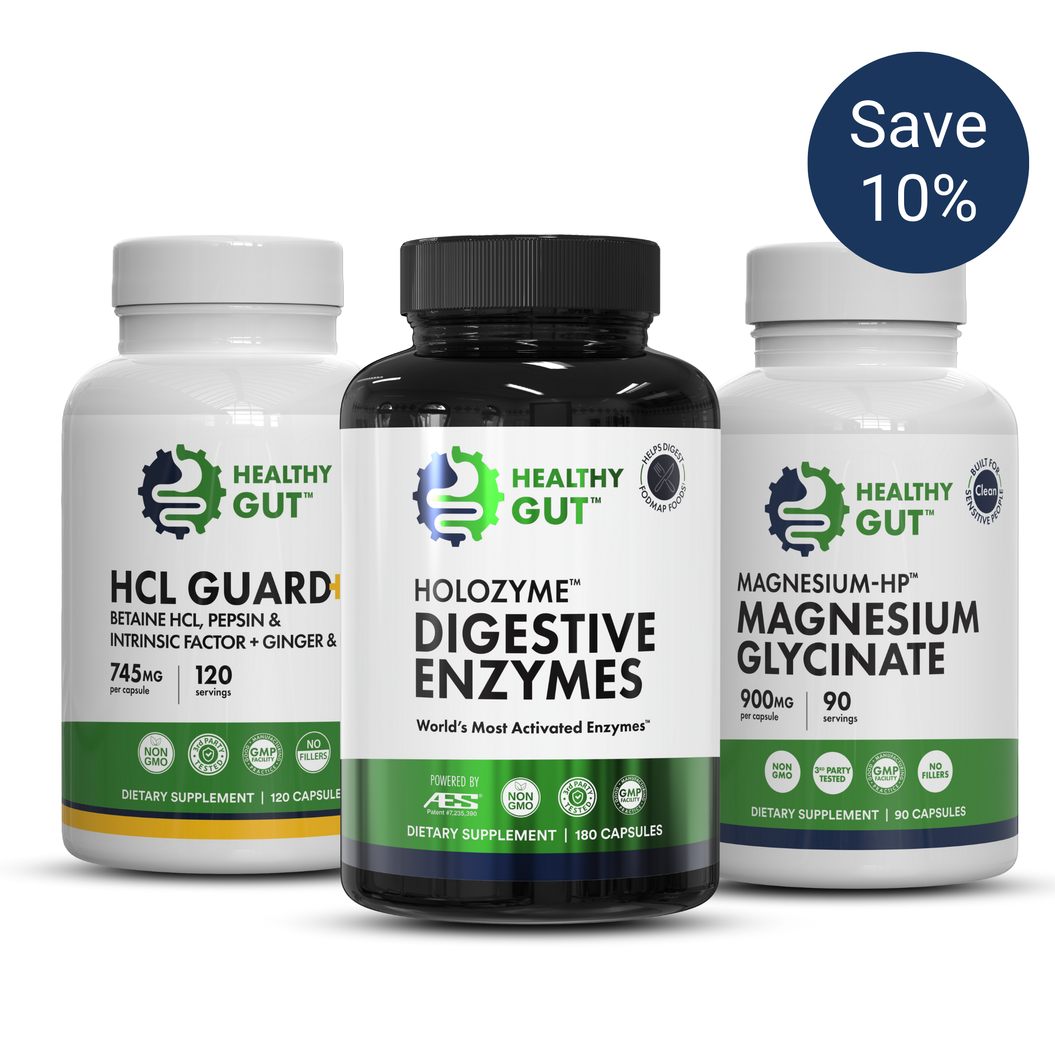 Three Healthy Gut supplement bottles: HCL Guard+, Holozyme Digestive Enzymes, Magnesium Glycinate; badge 'Save 10%'.