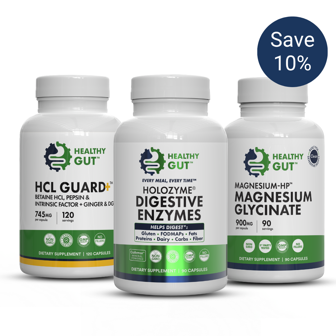 Front view of Constipation Bundle showcasing HCL Guard, HoloZyme, and Magnesium Glycinate with 10 percent savings badge