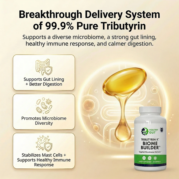 Infographic showing Breakthrough delivery of 99.9% pure tributyrin and benefits: gut, microbiome diversity, immune support