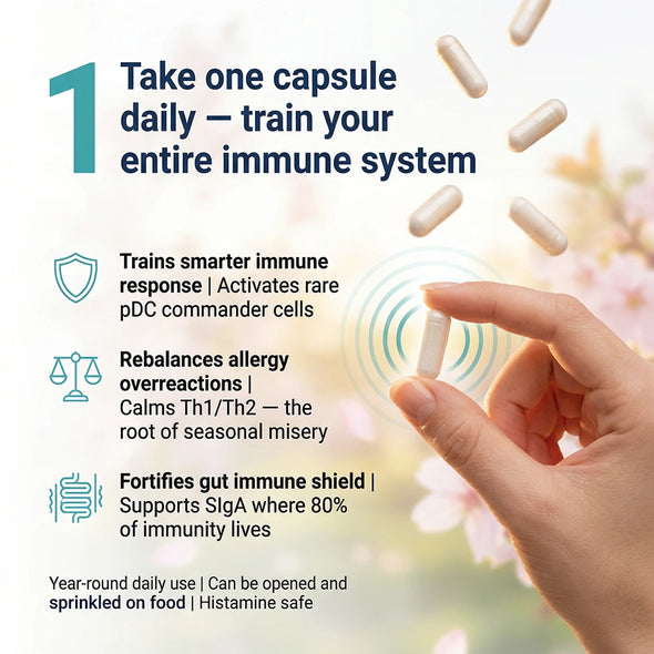 Infographic showing 'Take one capsule daily - train your immune system' and key benefits for immunity and gut health