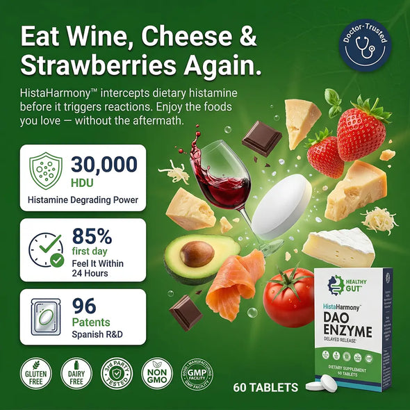 Infographic showing HistaHarmony DAO Enzyme: Eat wine, cheese & strawberries again; 30,000 HDU, 85% feel benefit in 24 hours