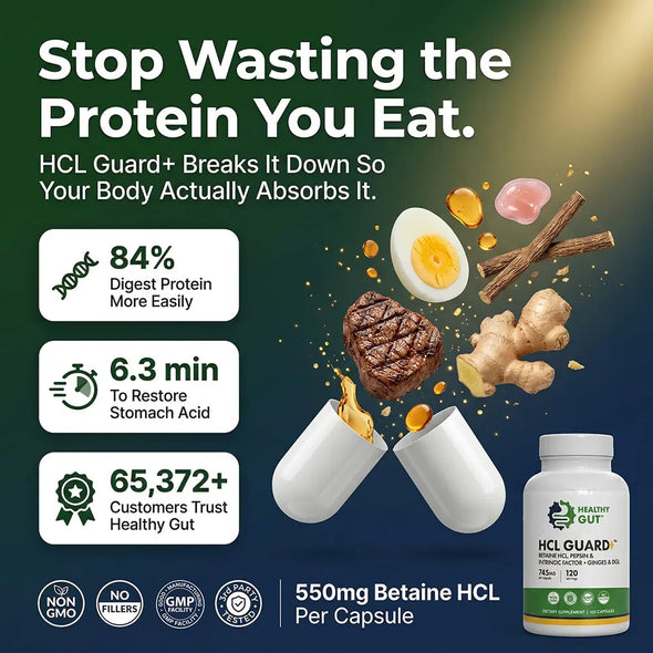 Infographic showing headline Stop Wasting the Protein You Eat and claims: 84% easier protein digestion, 550mg betaine HCL per cap