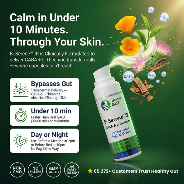 Infographic showing BeSerene IR cream 'Calm in Under 10 Minutes' transdermal GABA and L-Theanine; bypasses gut; day or night