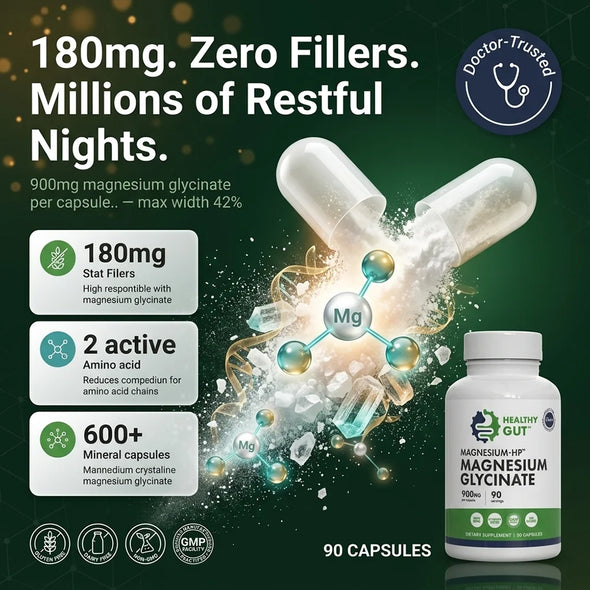 Graphic showing '180mg. Zero Fillers. Millions of Restful Nights' for Magnesium-HP magnesium glycinate, 900 mg per capsule, 90 caps