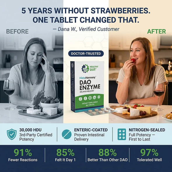 Infographic: '5 years without strawberries. One tablet changed that' - HistaHarmony DAO Enzyme with 91% fewer reactions