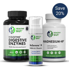 HEALTHY GUT supplements trio: HOLOZYME DIGESTIVE ENZYMES; BeSerene IR GABA & L-THEANINE; MAGNESIUM-HP. Save 20%