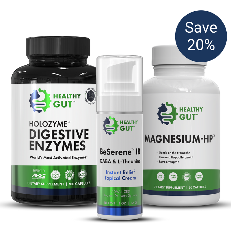 HEALTHY GUT supplements trio: HOLOZYME DIGESTIVE ENZYMES; BeSerene IR GABA & L-THEANINE; MAGNESIUM-HP. Save 20%