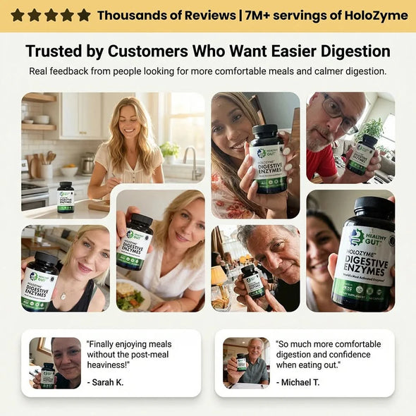 Photo collage showing customer photos and testimonials with headline Trusted by Customers Who Want Easier Digestion and banner Thousands of Reviews and 7M plus servings of HoloZyme