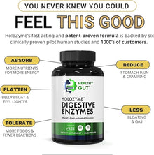 HoloZyme digestive enzymes bottle (Healthy Gut) with callouts: Absorb nutrients; Flatten bloat; Tolerate foods; Reduce stomach pain; Less gas.