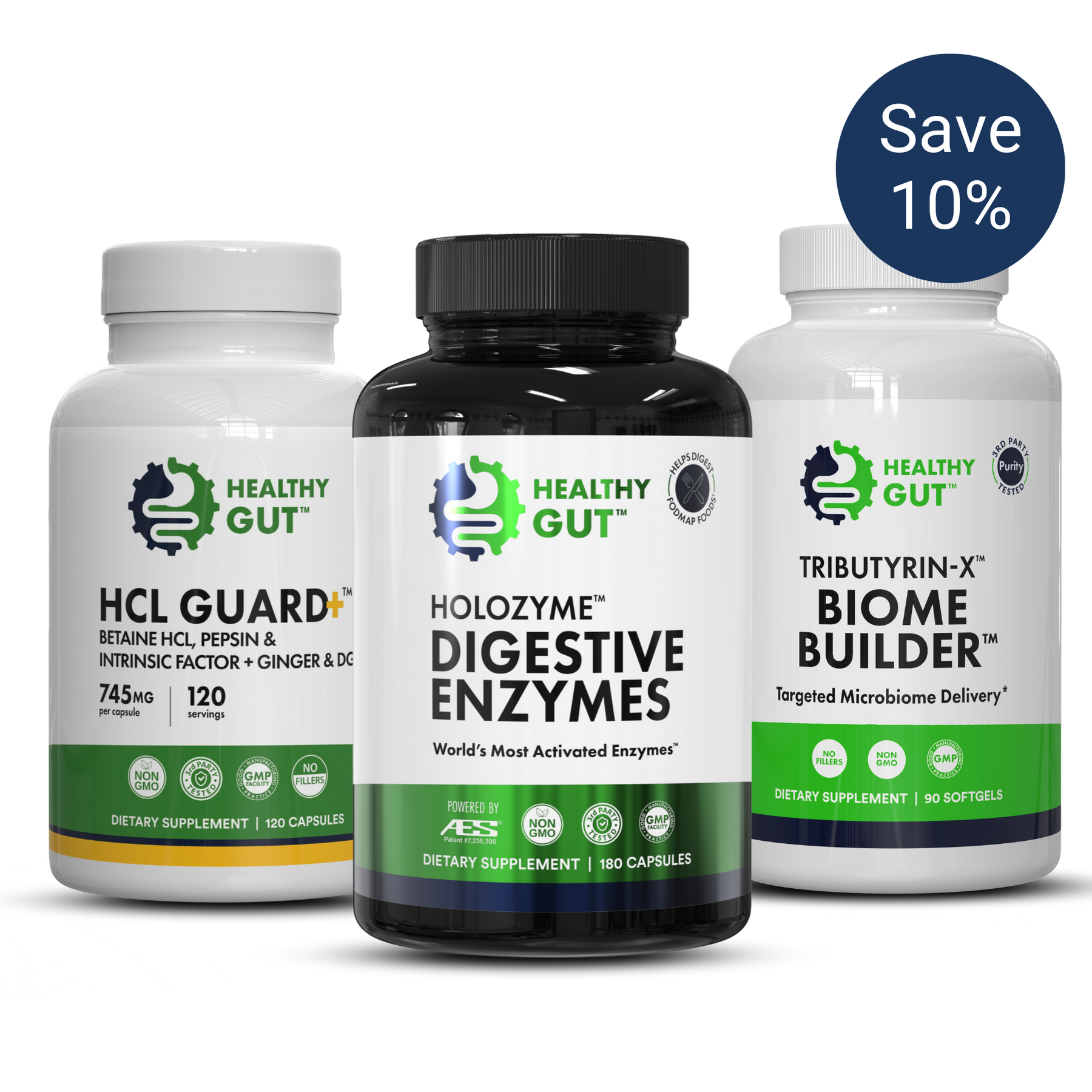 HEALTHY GUT HCL GUARD+ • HOLOZYME DIGESTIVE ENZYMES • TRIBUTYRIN-X BIOME BUILDER — Save 10%