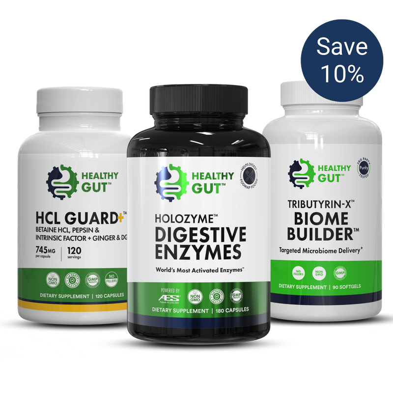 HEALTHY GUT HCL GUARD+ • HOLOZYME DIGESTIVE ENZYMES • TRIBUTYRIN-X BIOME BUILDER — Save 10%