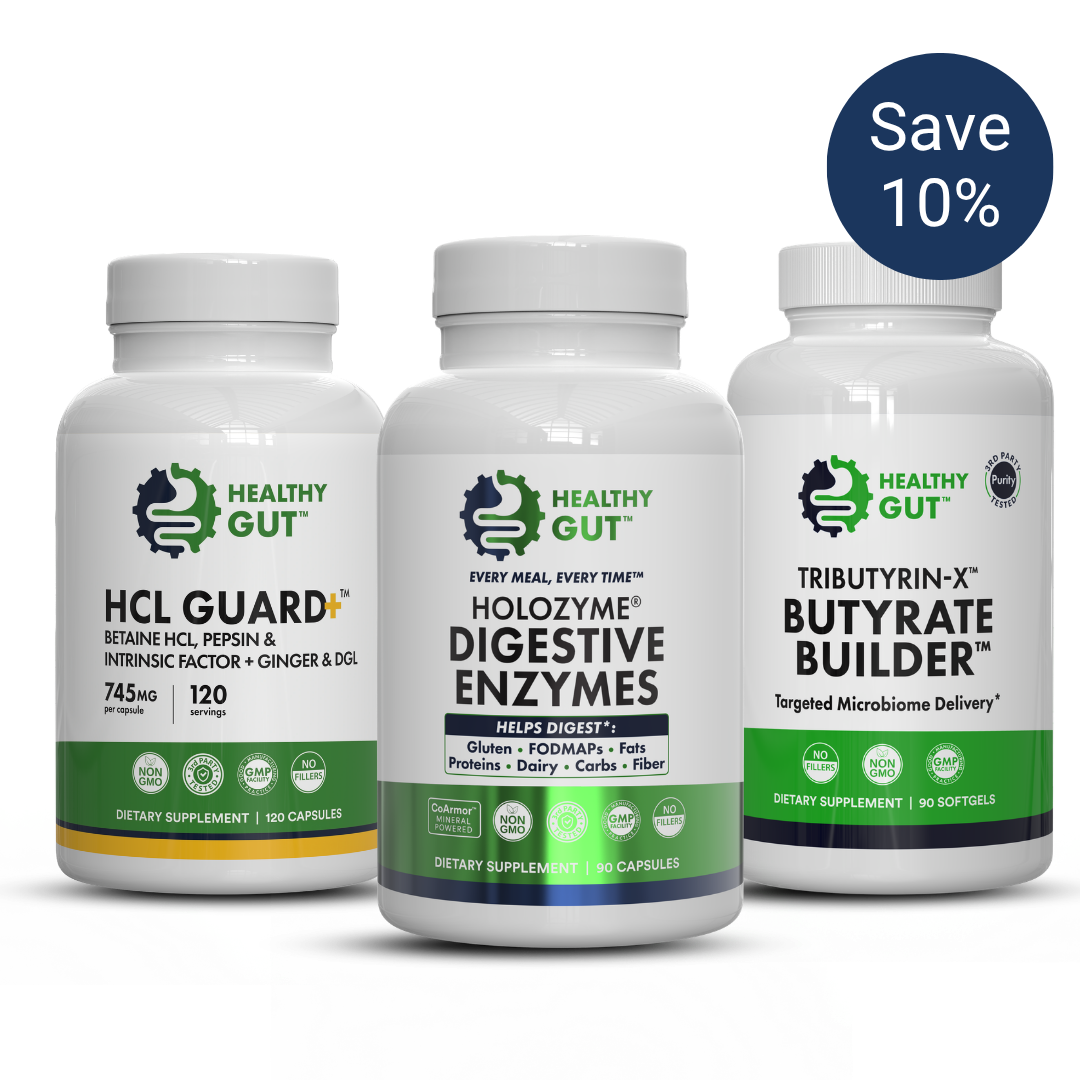 Front view of Gas and Bloating Bundle with HCL Guard, HoloZyme Digestive Enzymes, Tributyrin-X plus Save 10 percent badge