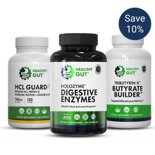 Front of three supplements: HoloZyme Digestive Enzymes, HCL Guard Plus, Tributyrin-X Butyrate Builder with Save 10% badge