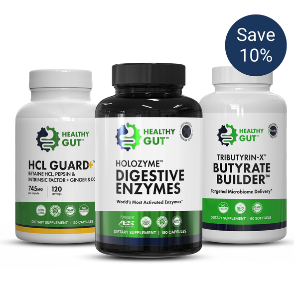 Front of three supplements: HoloZyme Digestive Enzymes, HCL Guard Plus, Tributyrin-X Butyrate Builder with Save 10% badge