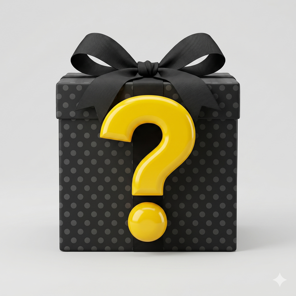 Front view of Mystery Gift box showing black polka-dot wrap, large black ribbon bow, and a yellow question mark on a light gray background