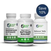 Front view of three supplement bottles: Tributyrin‑X Butyrate Builder, Magnesium Glycinate, and BeSerene Daily, with Save 10 percent badge